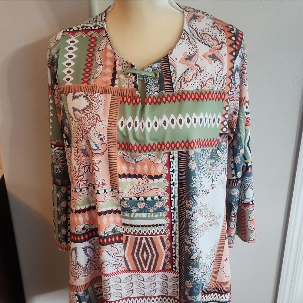 Tacera Multicolor Geometric Paisley Tunic Blouse 3/4 Sleeve Round Neck Size 1X